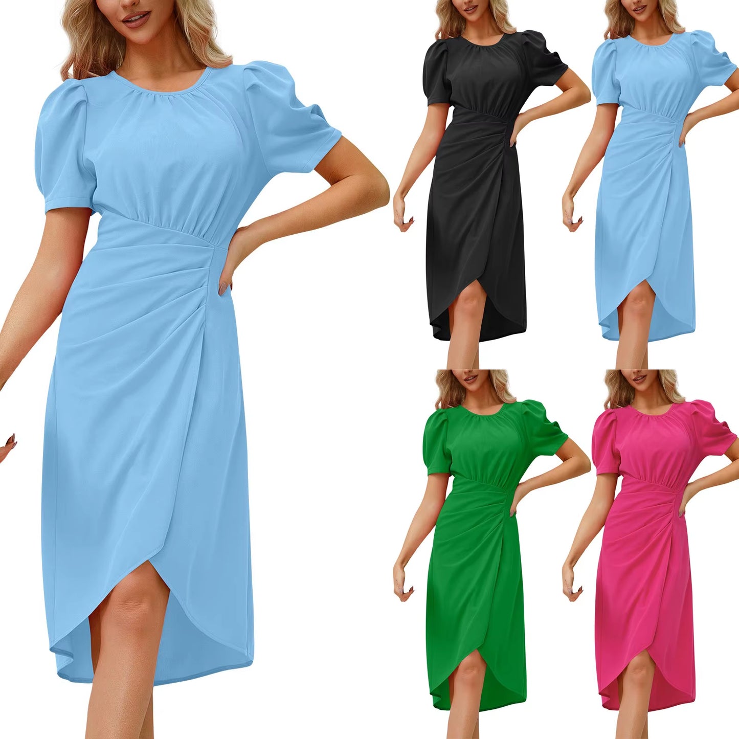 Elegant Ladies round Neck Temperament Dress Sexy Solid Short Sleeve Pleated Midi Dress Fashion Women Slim Hip Wrap Split Dress