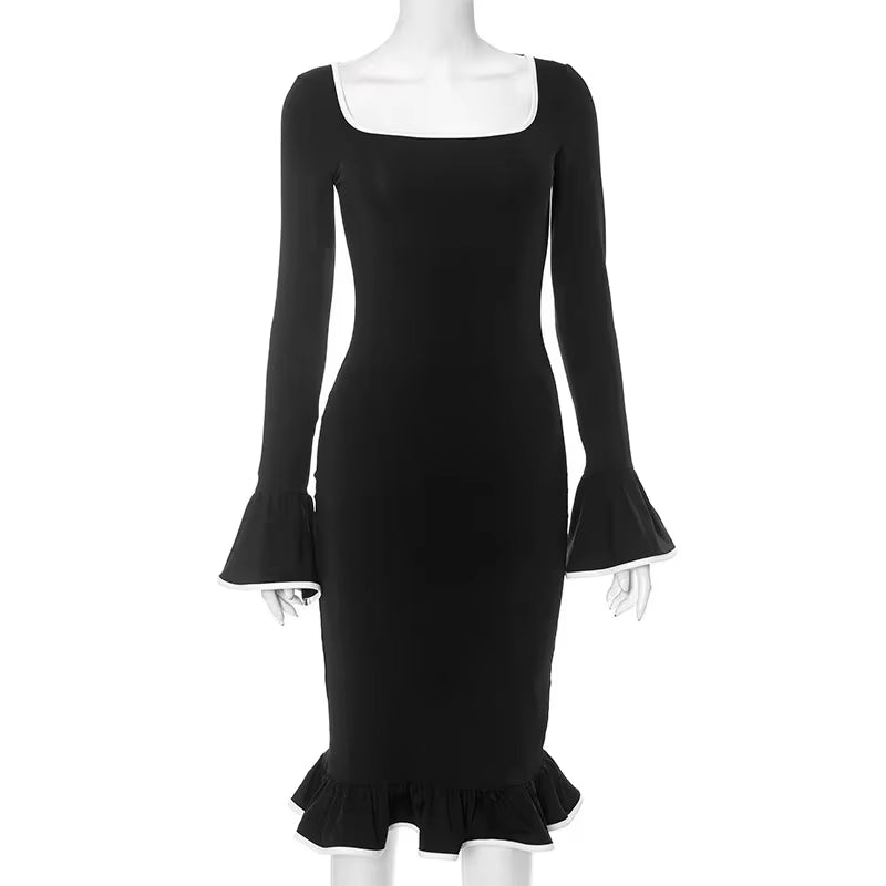 Women'S Slim Backless Black Bodycon Dress, Women Clothing, Flare Sleeve, Elegant, Square Collar