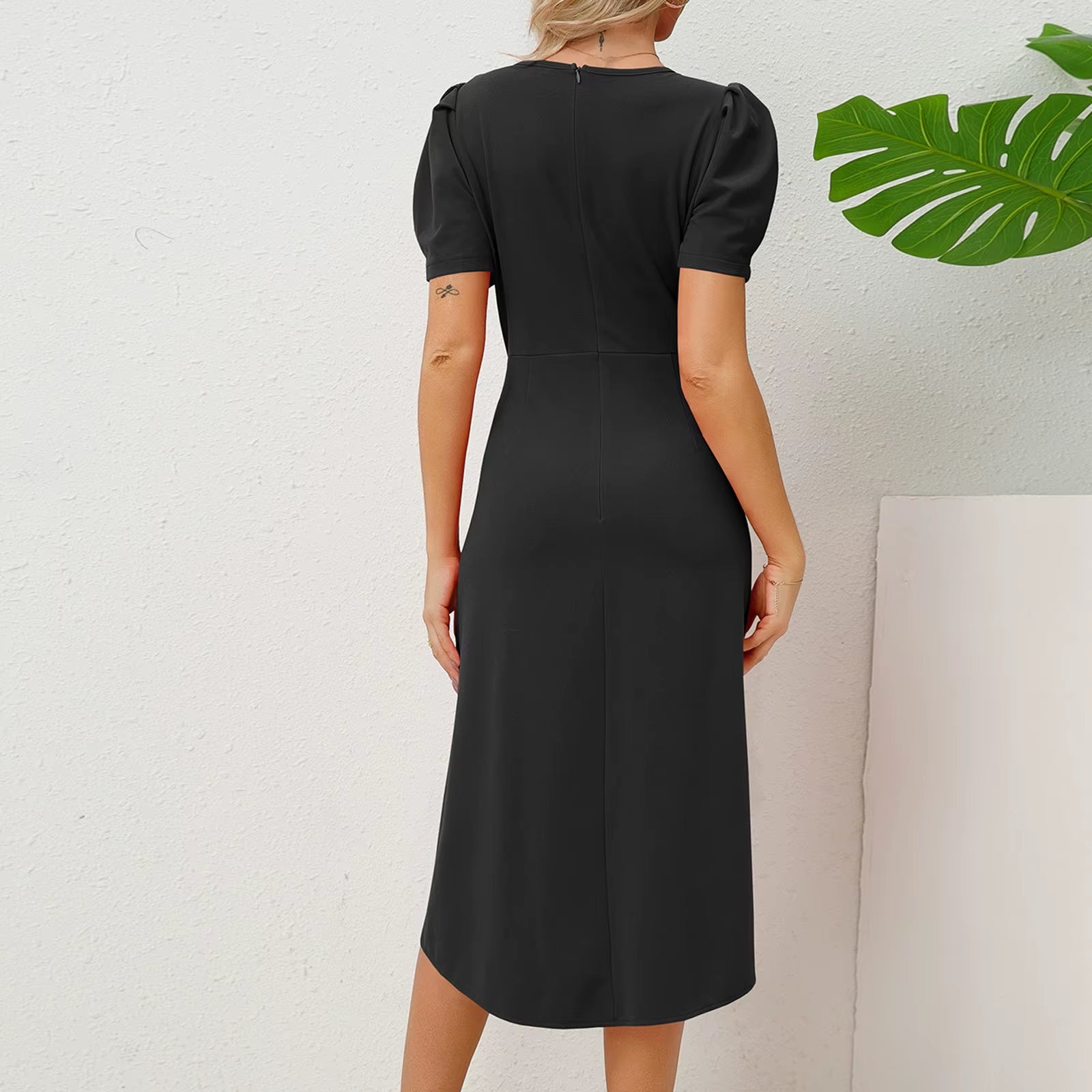 Elegant Ladies round Neck Temperament Dress Sexy Solid Short Sleeve Pleated Midi Dress Fashion Women Slim Hip Wrap Split Dress