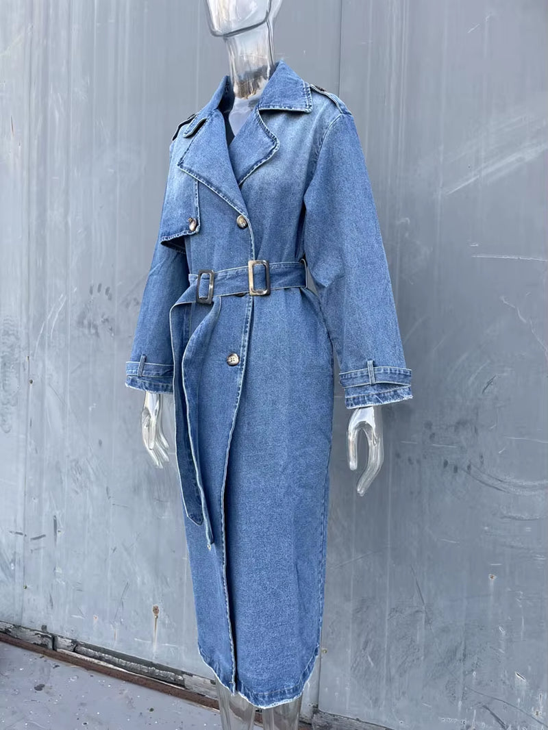 Denim Trench Coats for Women Belt on Waist Slim Jean Coats Ladies Jaqueta Feminina Blue Jean Jacket Woman