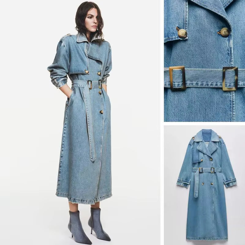 Denim Trench Coats for Women Belt on Waist Slim Jean Coats Ladies Jaqueta Feminina Blue Jean Jacket Woman