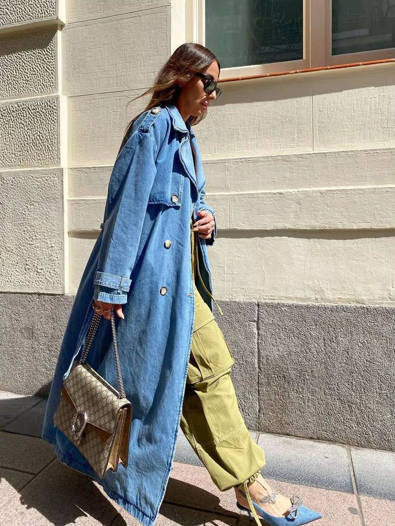 Denim Trench Coats for Women Belt on Waist Slim Jean Coats Ladies Jaqueta Feminina Blue Jean Jacket Woman