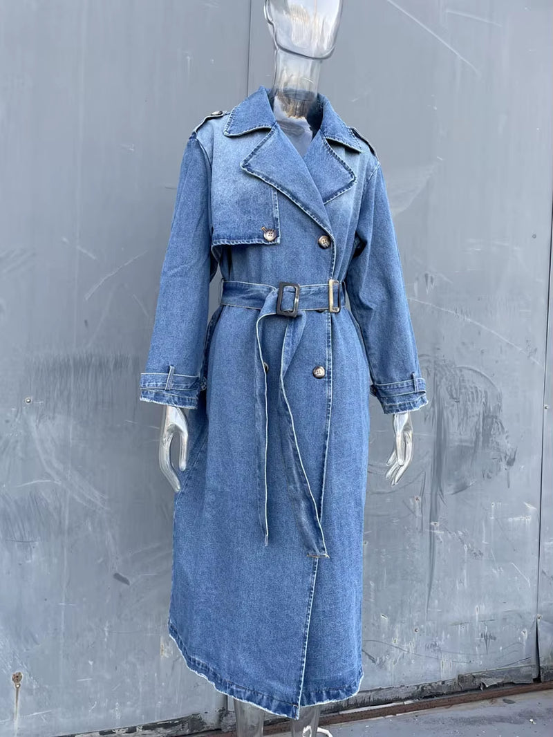 Denim Trench Coats for Women Belt on Waist Slim Jean Coats Ladies Jaqueta Feminina Blue Jean Jacket Woman