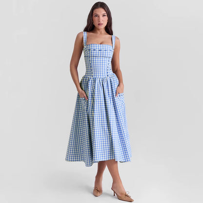 Summer Elegant and Beautiful Women Dresses 2024 Midi Blue and White Plaid Dress with Pocket Female Vacation Dress