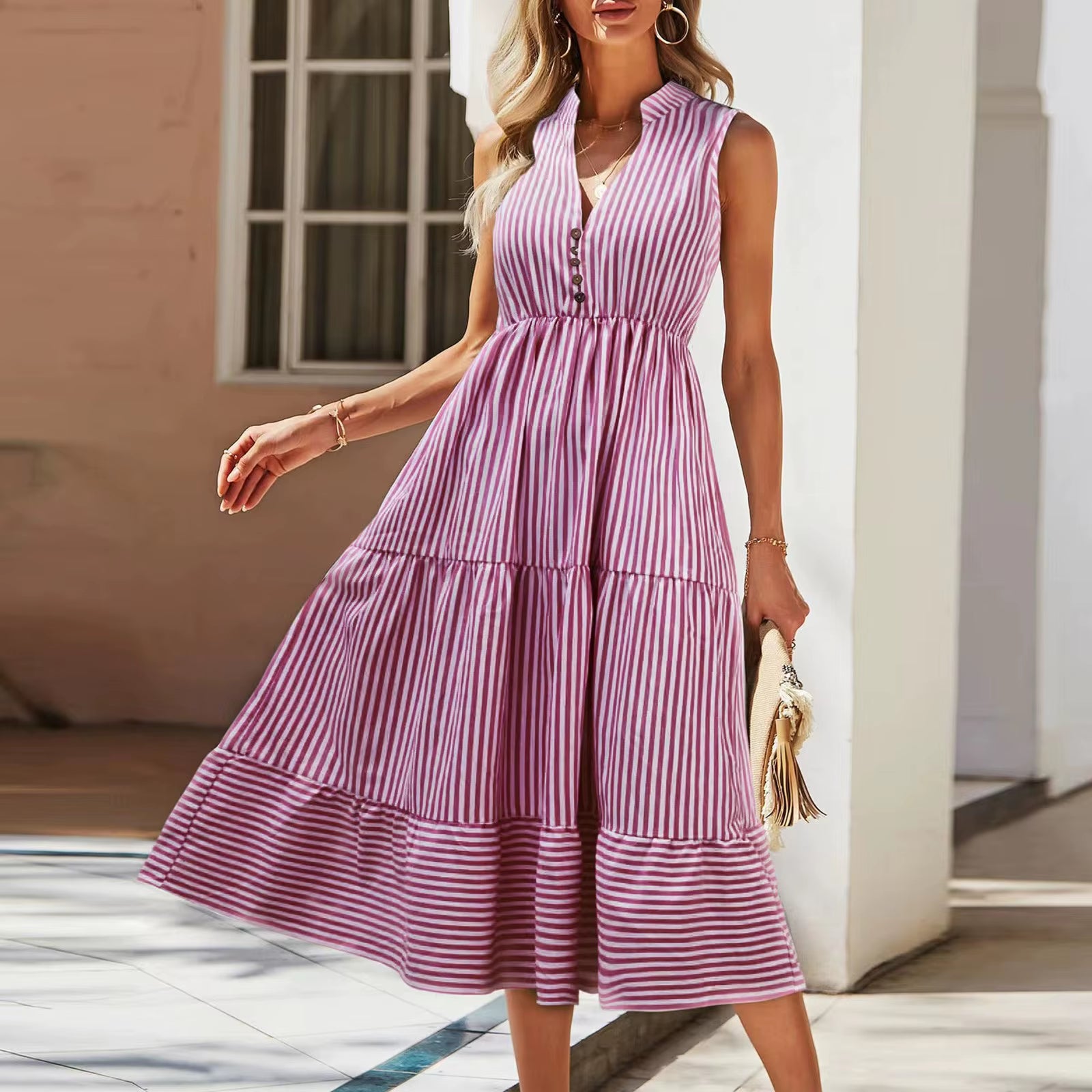 Women'S 2024 Summer V-Neck Dress Fashionable Elegant Contrasting Striped Camisole Casual Versatile Dress Ruffled Vestidos