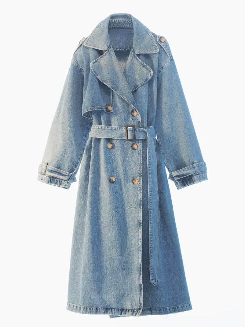 Denim Trench Coats for Women Belt on Waist Slim Jean Coats Ladies Jaqueta Feminina Blue Jean Jacket Woman