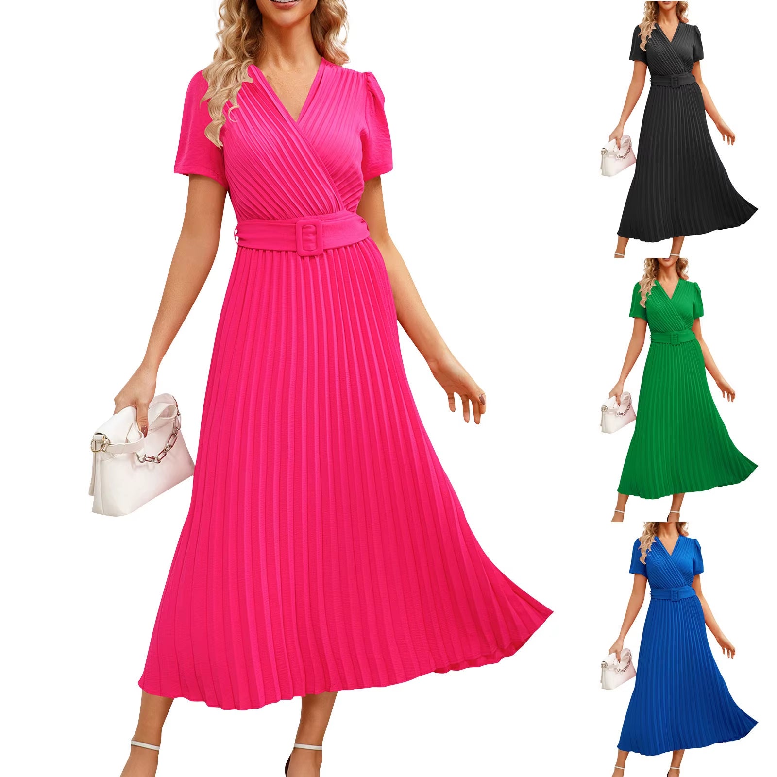 Elegant High Waist Pleated Dress Women Korean Fashion Waisted Solid Dresses Female 2024 Spring Short Sleeve Midi Dress