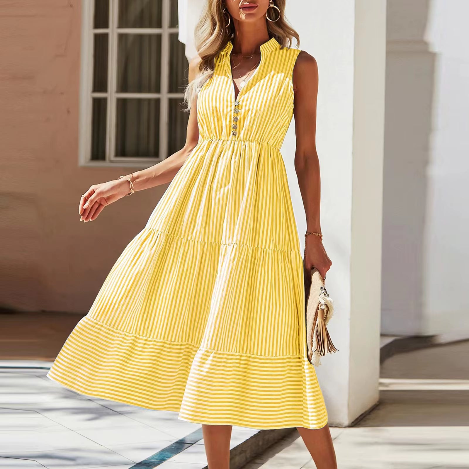 Women'S 2024 Summer V-Neck Dress Fashionable Elegant Contrasting Striped Camisole Casual Versatile Dress Ruffled Vestidos