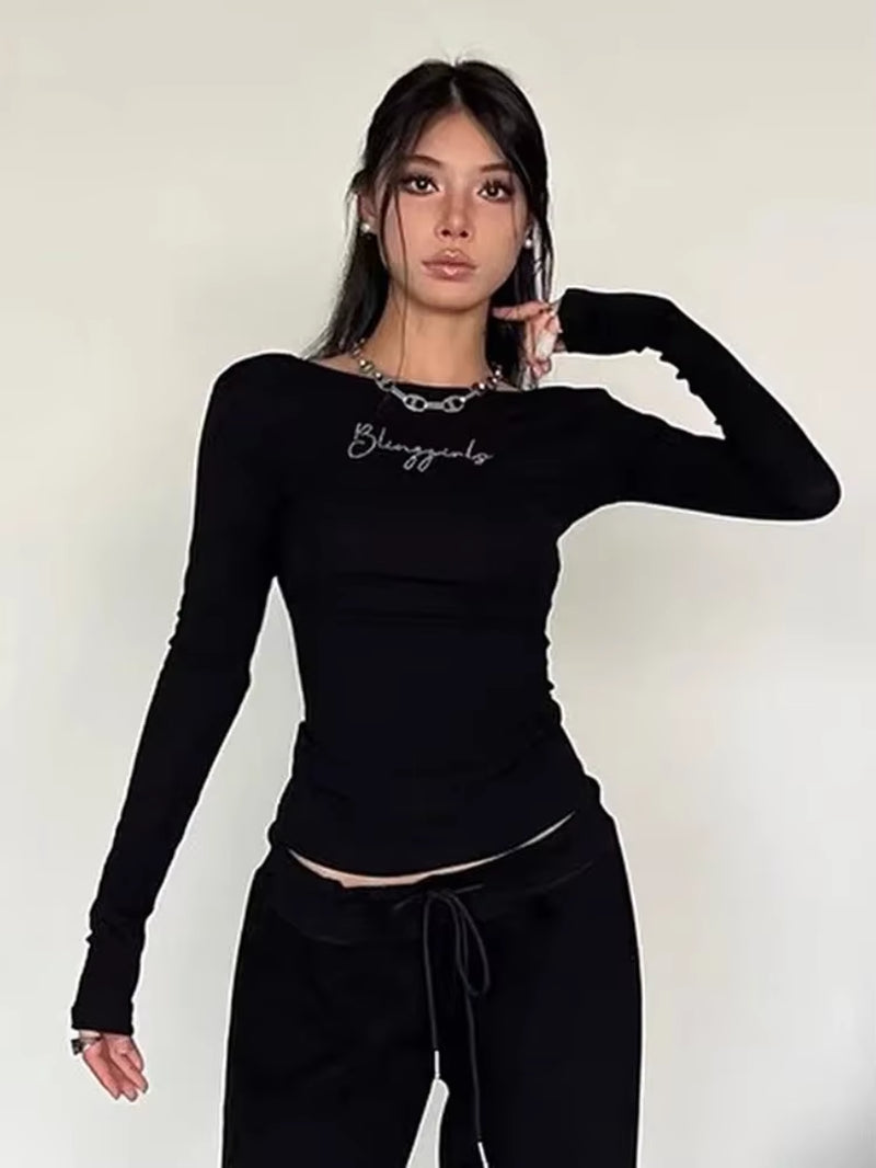 Women'S Black Long Sleeve Top, Letter Drilling, Aesthetic T-Shirts, Pullover, Clothing, Y2K, Spring