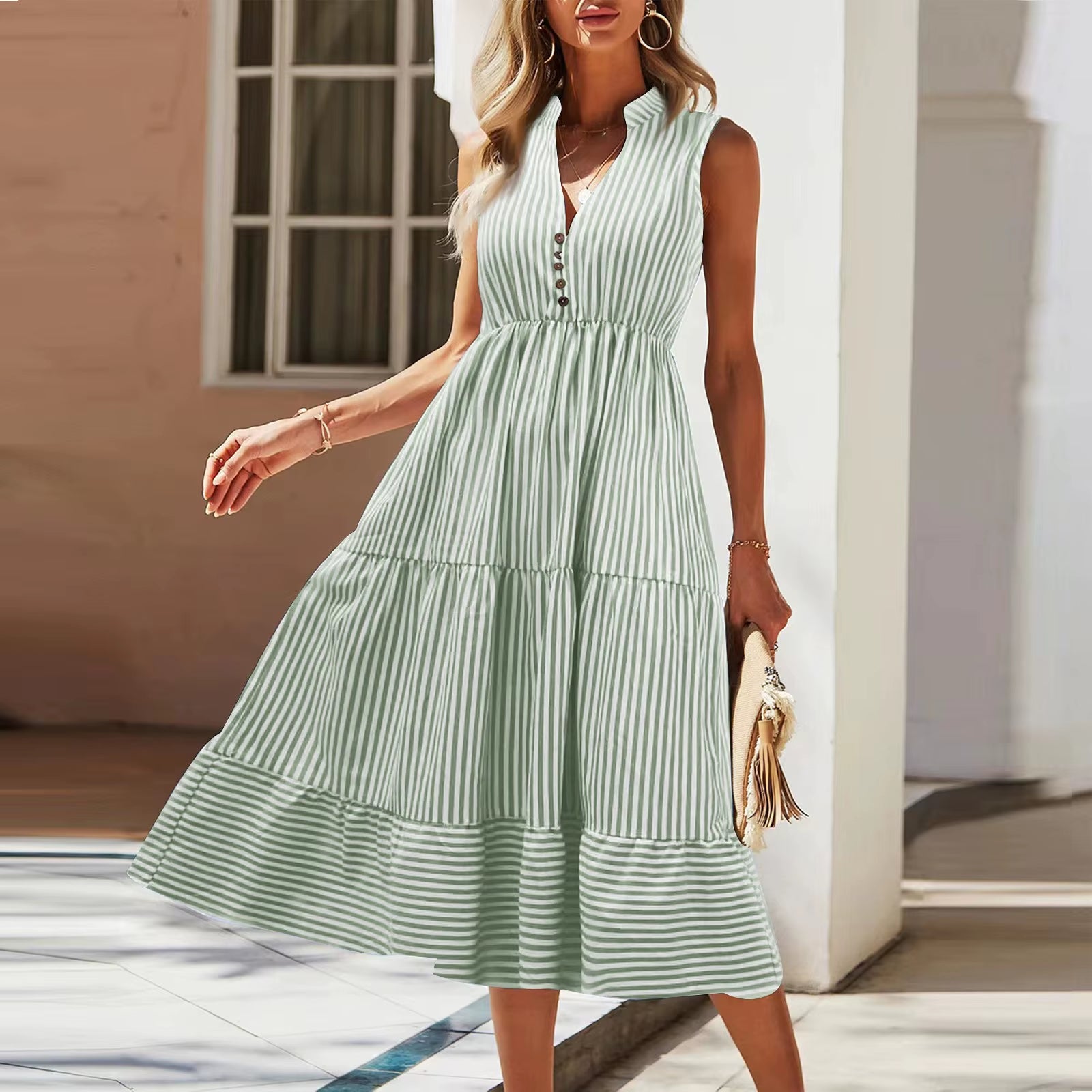 Women'S 2024 Summer V-Neck Dress Fashionable Elegant Contrasting Striped Camisole Casual Versatile Dress Ruffled Vestidos