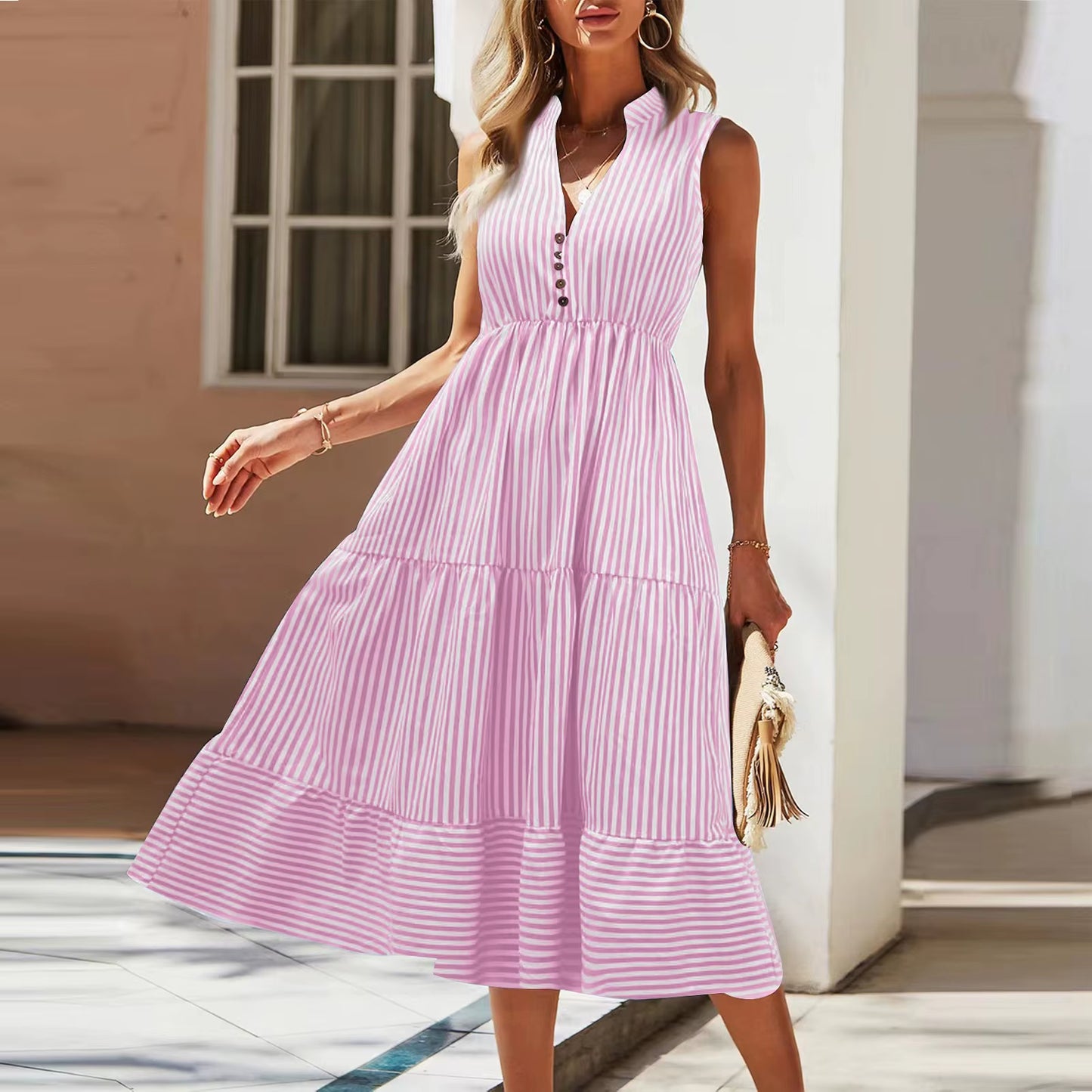 Women'S 2024 Summer V-Neck Dress Fashionable Elegant Contrasting Striped Camisole Casual Versatile Dress Ruffled Vestidos