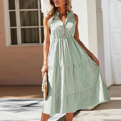 Women'S 2024 Summer V-Neck Dress Fashionable Elegant Contrasting Striped Camisole Casual Versatile Dress Ruffled Vestidos