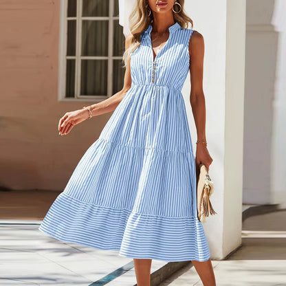 Women'S 2024 Summer V-Neck Dress Fashionable Elegant Contrasting Striped Camisole Casual Versatile Dress Ruffled Vestidos