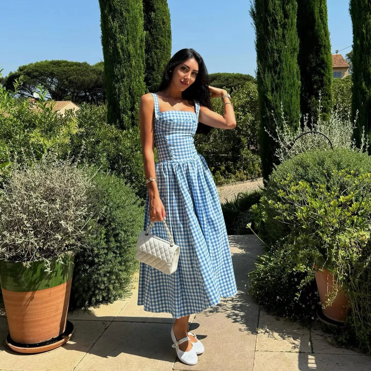 Summer Elegant and Beautiful Women Dresses 2024 Midi Blue and White Plaid Dress with Pocket Female Vacation Dress