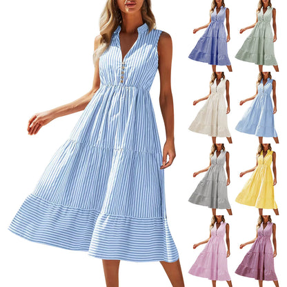 Women'S 2024 Summer V-Neck Dress Fashionable Elegant Contrasting Striped Camisole Casual Versatile Dress Ruffled Vestidos