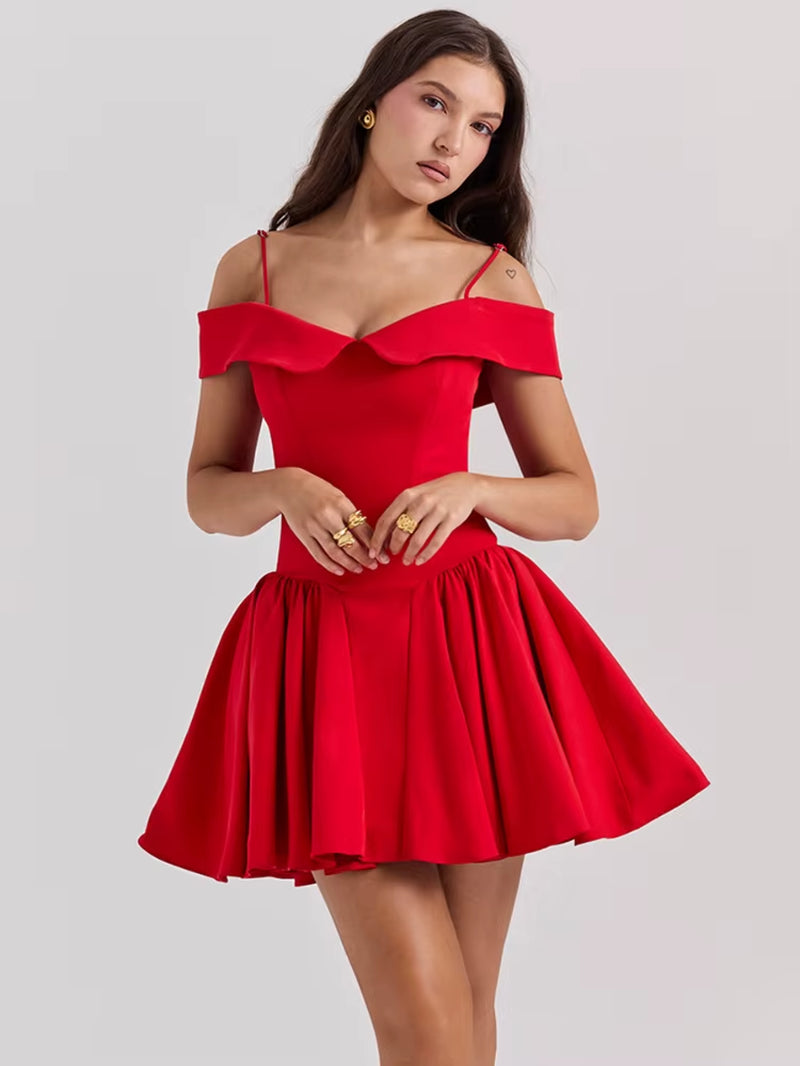 Summer Elegant Dresses for Women Red off the Shoulder Bodycon Party Dresses Mini Casual a Line Fluffy Dress for Holiday