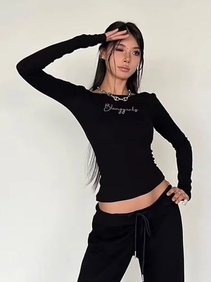 Women'S Black Long Sleeve Top, Letter Drilling, Aesthetic T-Shirts, Pullover, Clothing, Y2K, Spring