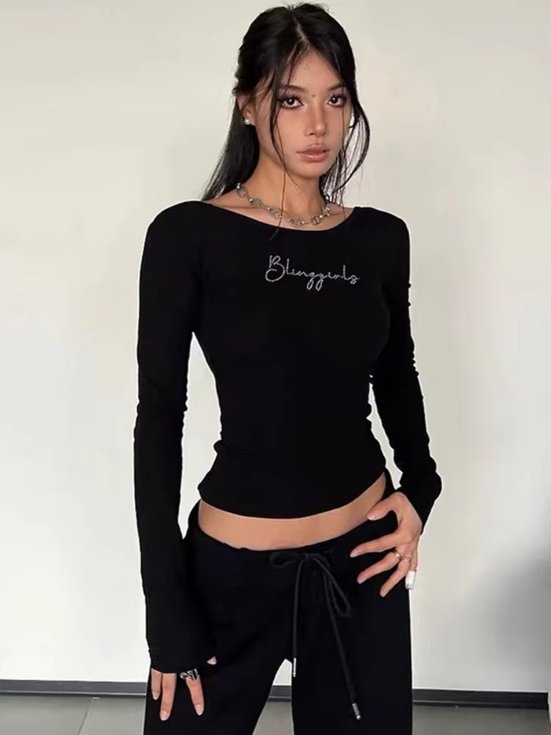 Women'S Black Long Sleeve Top, Letter Drilling, Aesthetic T-Shirts, Pullover, Clothing, Y2K, Spring