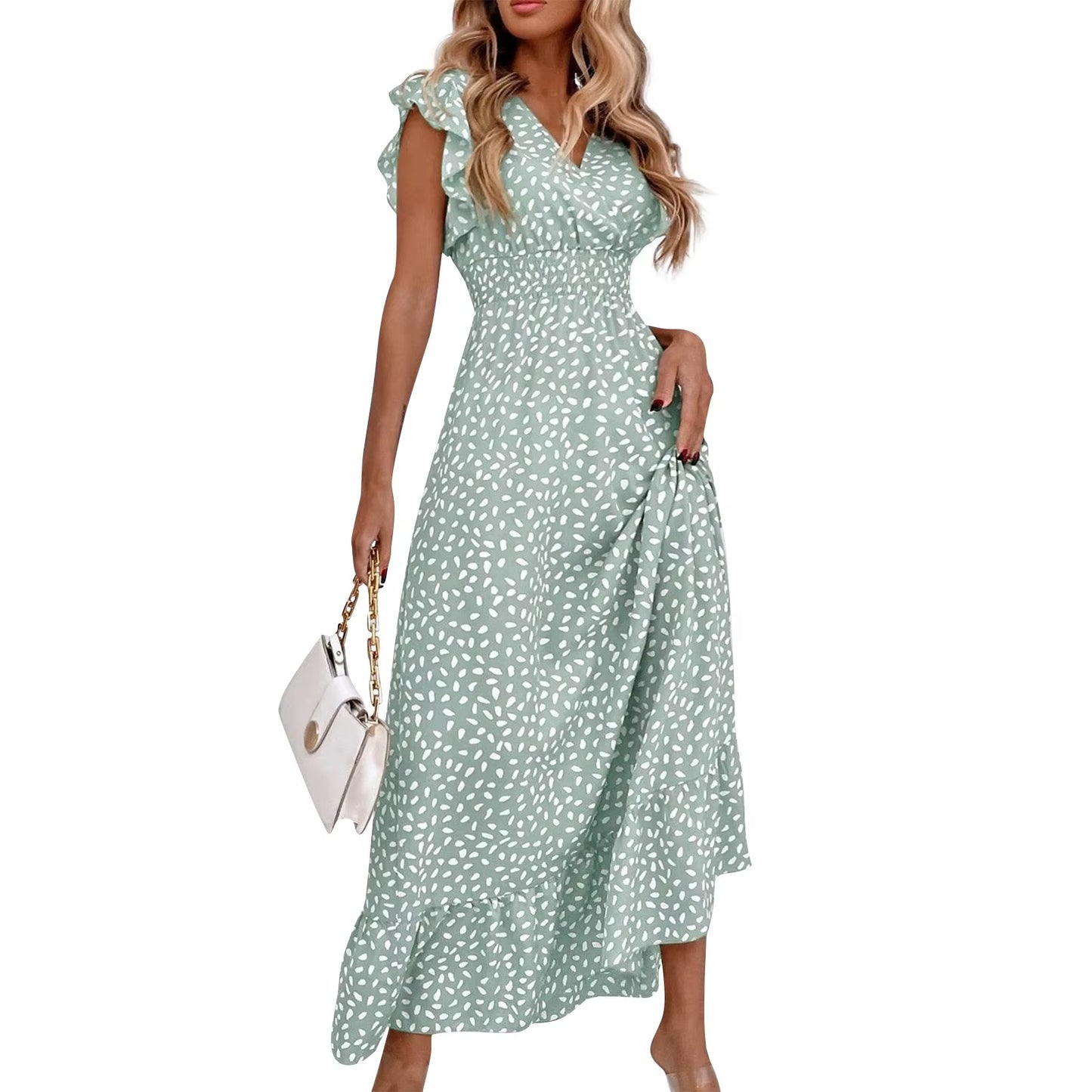 Summer Woman Ruffled Dress Fashion Casual Elegant Short Sleeve Dress V Neck Holidy Beach Dress Party Long Vestidos Women Robe