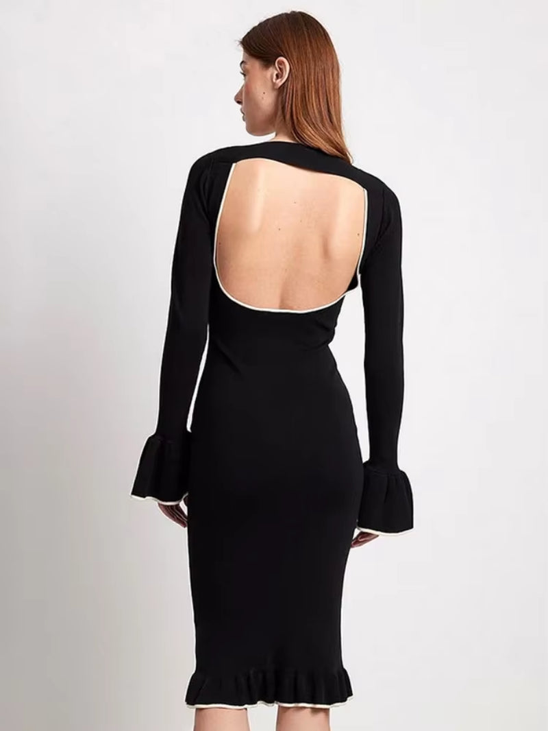 Women'S Slim Backless Black Bodycon Dress, Women Clothing, Flare Sleeve, Elegant, Square Collar