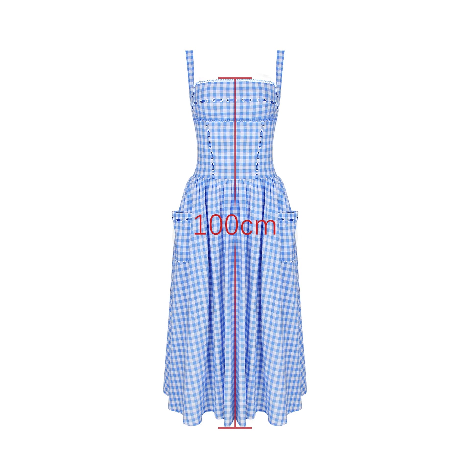 Summer Elegant and Beautiful Women Dresses 2024 Midi Blue and White Plaid Dress with Pocket Female Vacation Dress