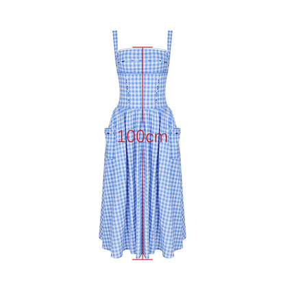 Summer Elegant and Beautiful Women Dresses 2024 Midi Blue and White Plaid Dress with Pocket Female Vacation Dress