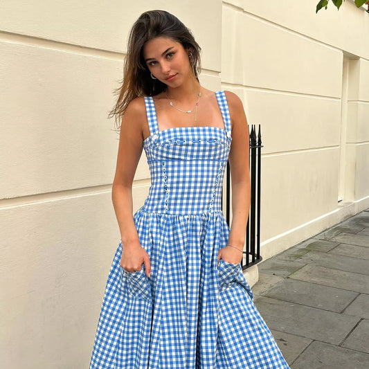 Summer Elegant and Beautiful Women Dresses 2024 Midi Blue and White Plaid Dress with Pocket Female Vacation Dress