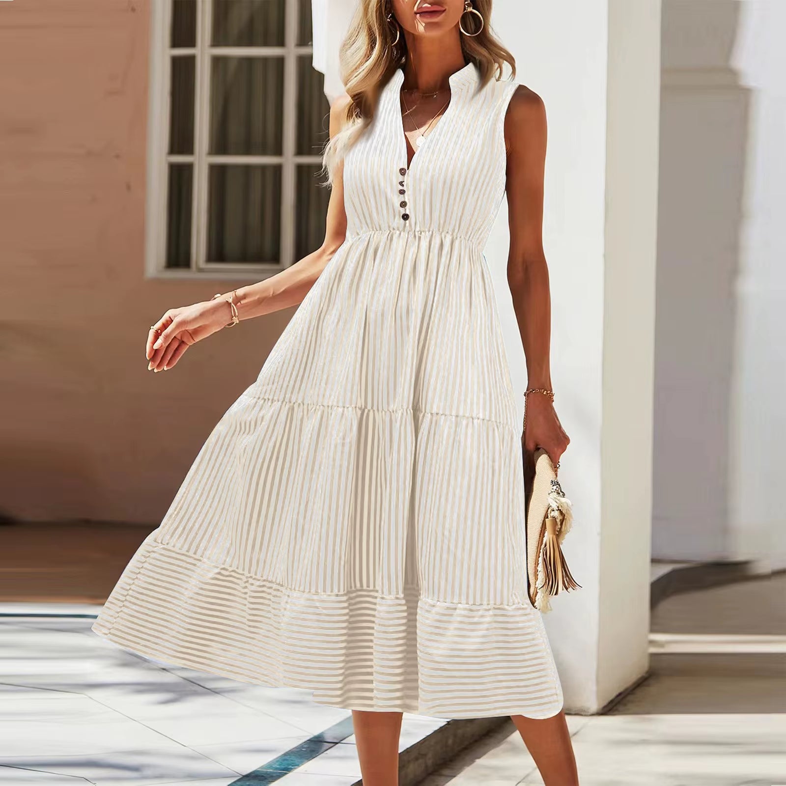 Women'S 2024 Summer V-Neck Dress Fashionable Elegant Contrasting Striped Camisole Casual Versatile Dress Ruffled Vestidos