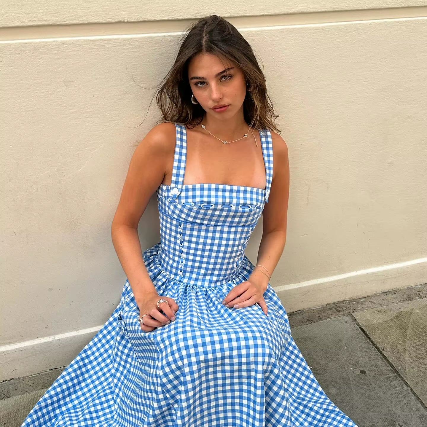 Summer Elegant and Beautiful Women Dresses 2024 Midi Blue and White Plaid Dress with Pocket Female Vacation Dress