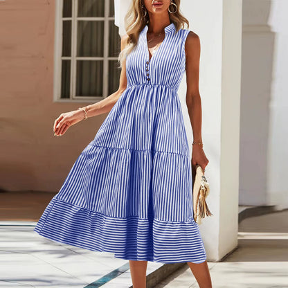 Women'S 2024 Summer V-Neck Dress Fashionable Elegant Contrasting Striped Camisole Casual Versatile Dress Ruffled Vestidos