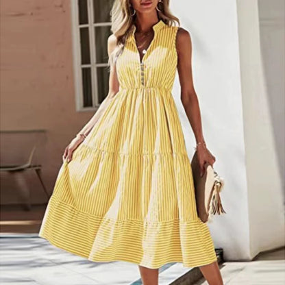 Women'S 2024 Summer V-Neck Dress Fashionable Elegant Contrasting Striped Camisole Casual Versatile Dress Ruffled Vestidos