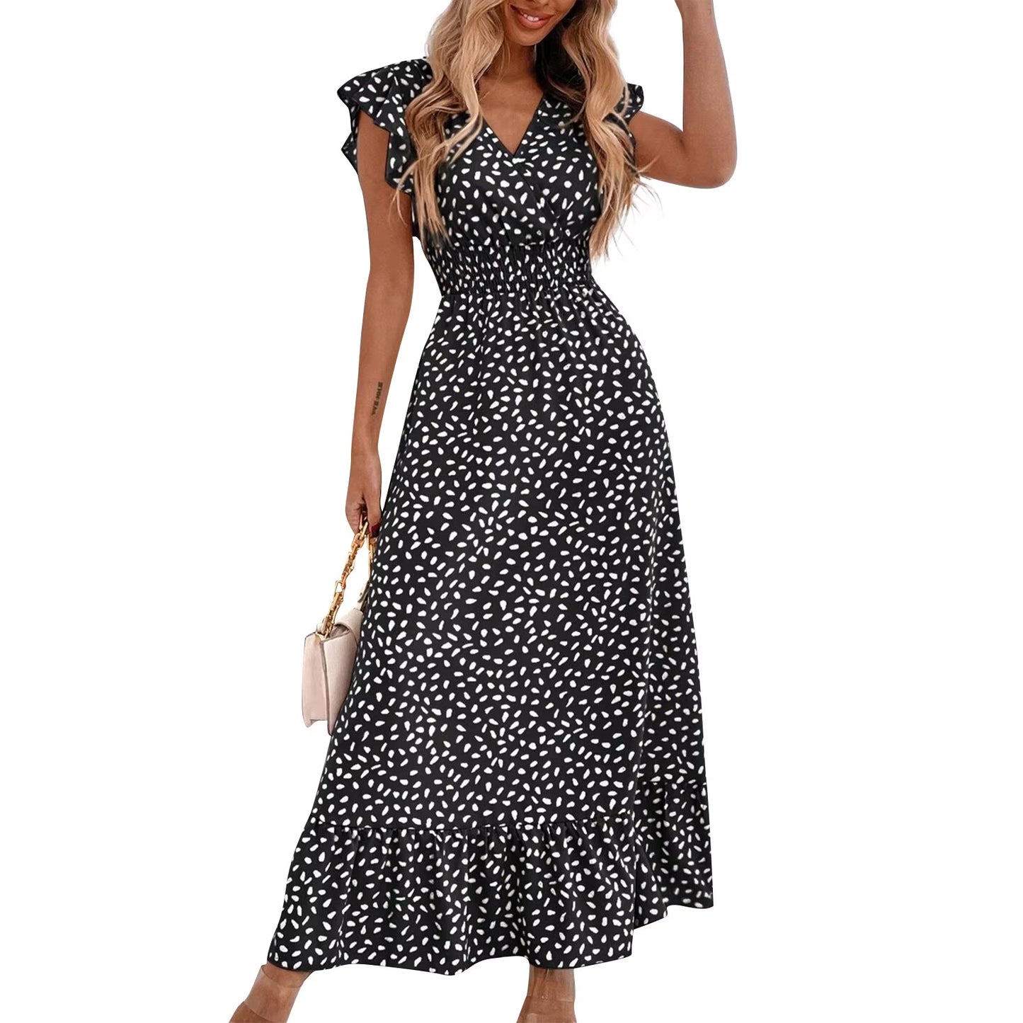 Summer Woman Ruffled Dress Fashion Casual Elegant Short Sleeve Dress V Neck Holidy Beach Dress Party Long Vestidos Women Robe