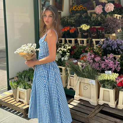 Summer Elegant and Beautiful Women Dresses 2024 Midi Blue and White Plaid Dress with Pocket Female Vacation Dress