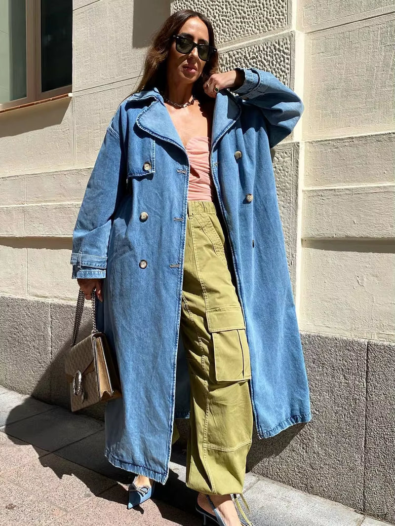 Denim Trench Coats for Women Belt on Waist Slim Jean Coats Ladies Jaqueta Feminina Blue Jean Jacket Woman