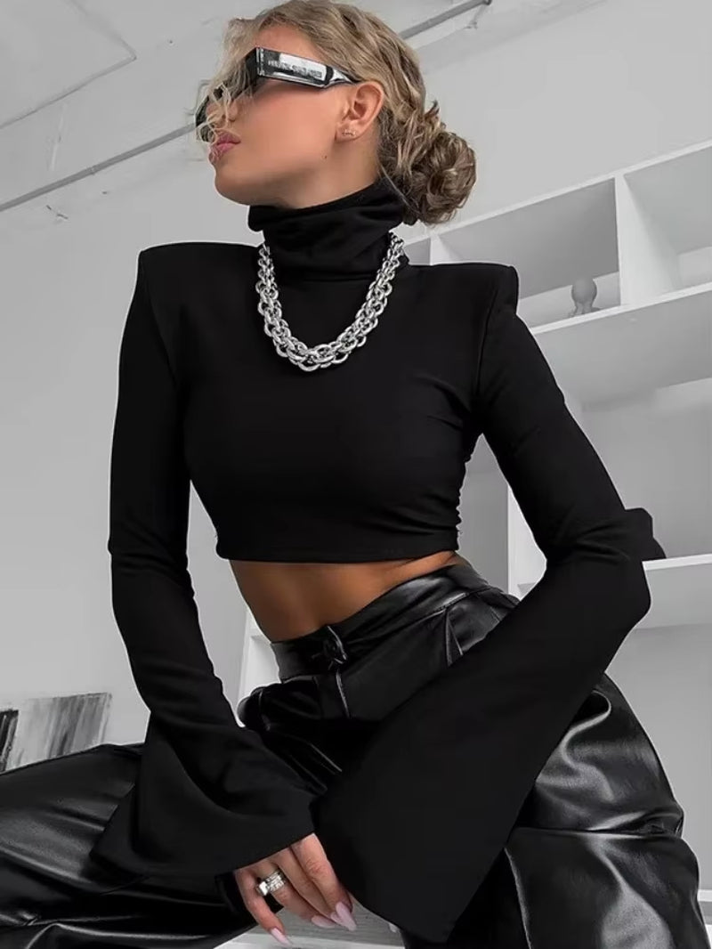 Women'S Black Turtleneck Short Tops, Women Clothes, Flare, Long Sleeve, Slim Patchwork, Shoulder Pad Tshirt