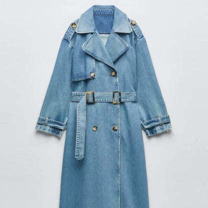 Denim Trench Coats for Women Belt on Waist Slim Jean Coats Ladies Jaqueta Feminina Blue Jean Jacket Woman